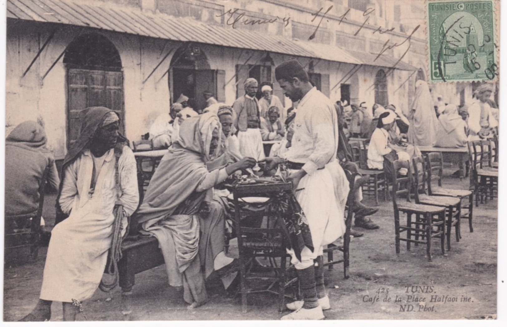 Tunisie -  TUNIS -  Café De La Place Halfaouine - 1908 - Cafés