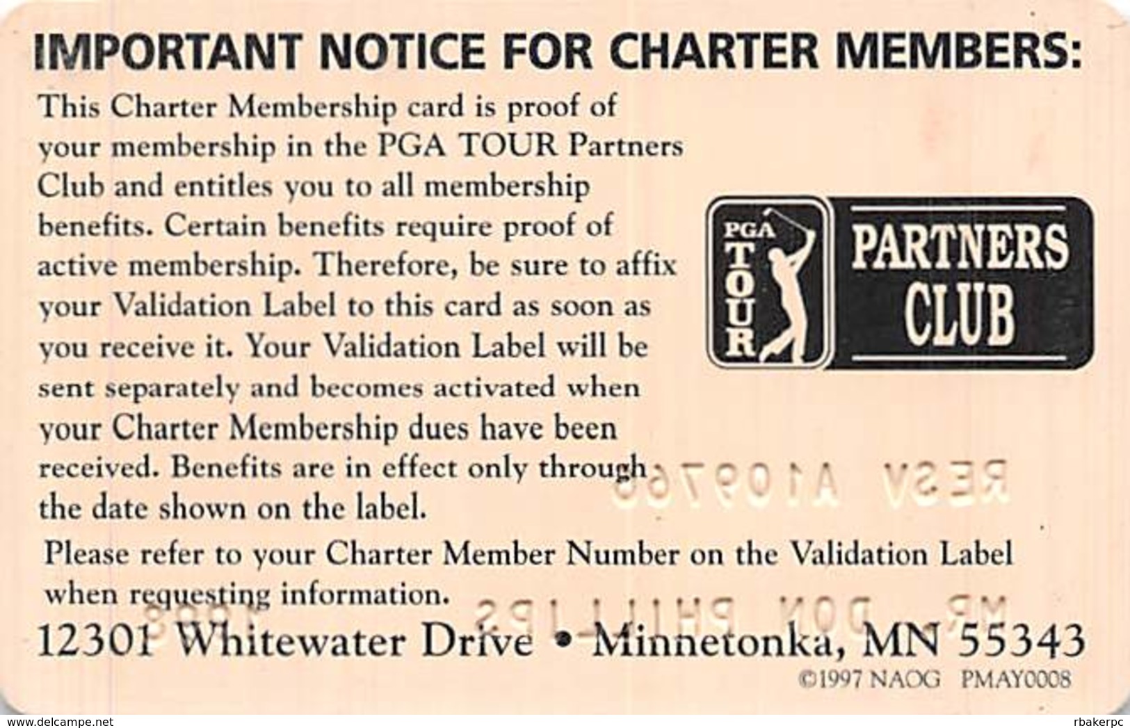 PGA Tour Partners Club Charter Member Card Copyright 1997 - Other & Unclassified