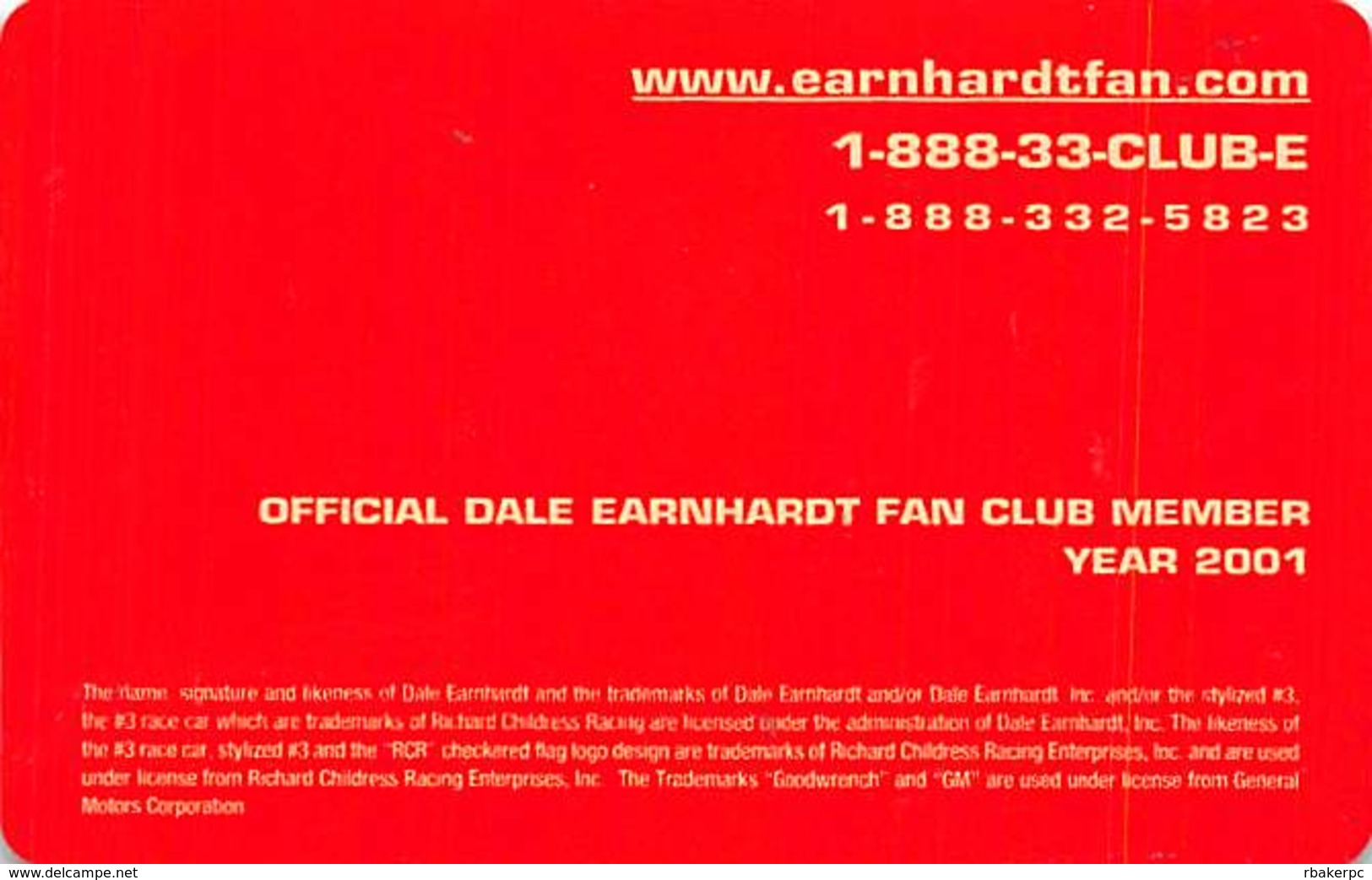 Official Dale Earnhardt Fan Club Membership Card 2001 - Trading Cards