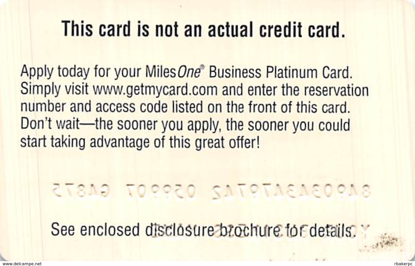 CapitalOne MilesOne Business Platinum Sample Card (blank Reverse) With SBP43 - Credit Cards (Exp. Date Min. 10 Years)