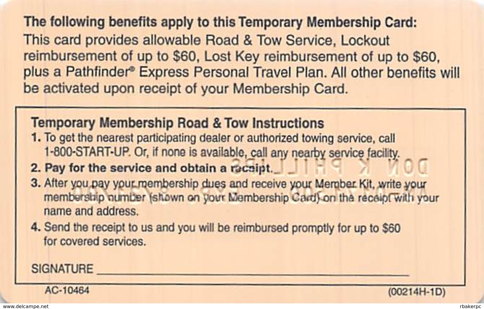 Amaco Motor Club Temporary / Instant Membership Card AC-10464 - Other & Unclassified