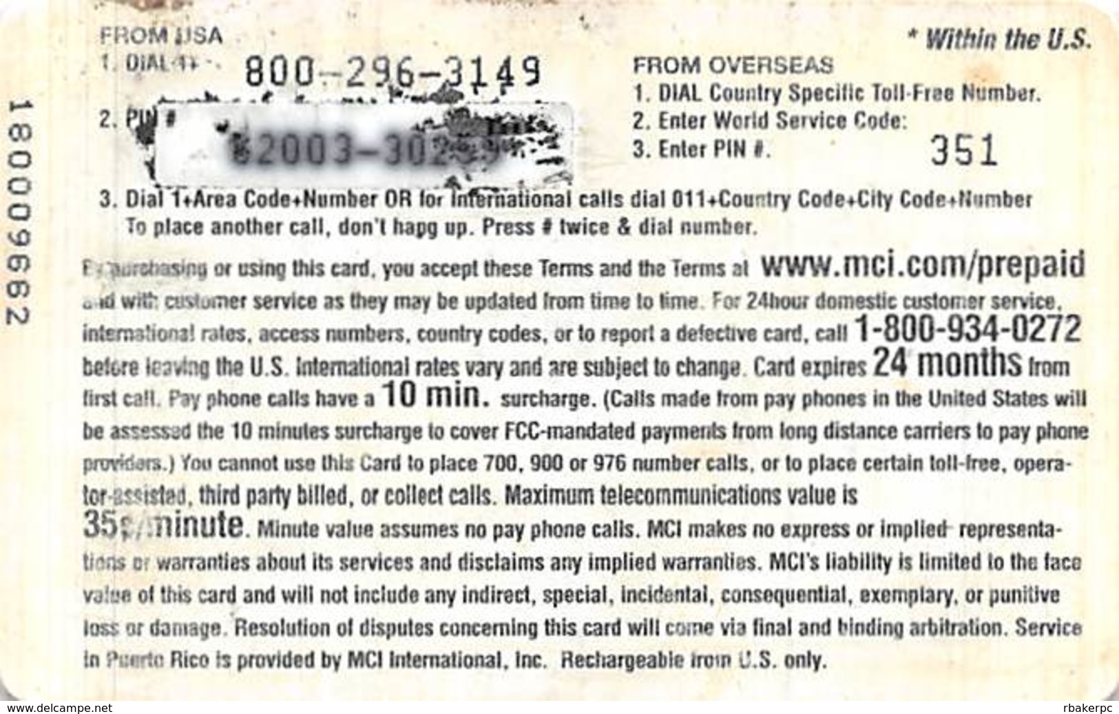 MCI 120 Minutes Rechargeable Prepaid Phone Card - Other & Unclassified