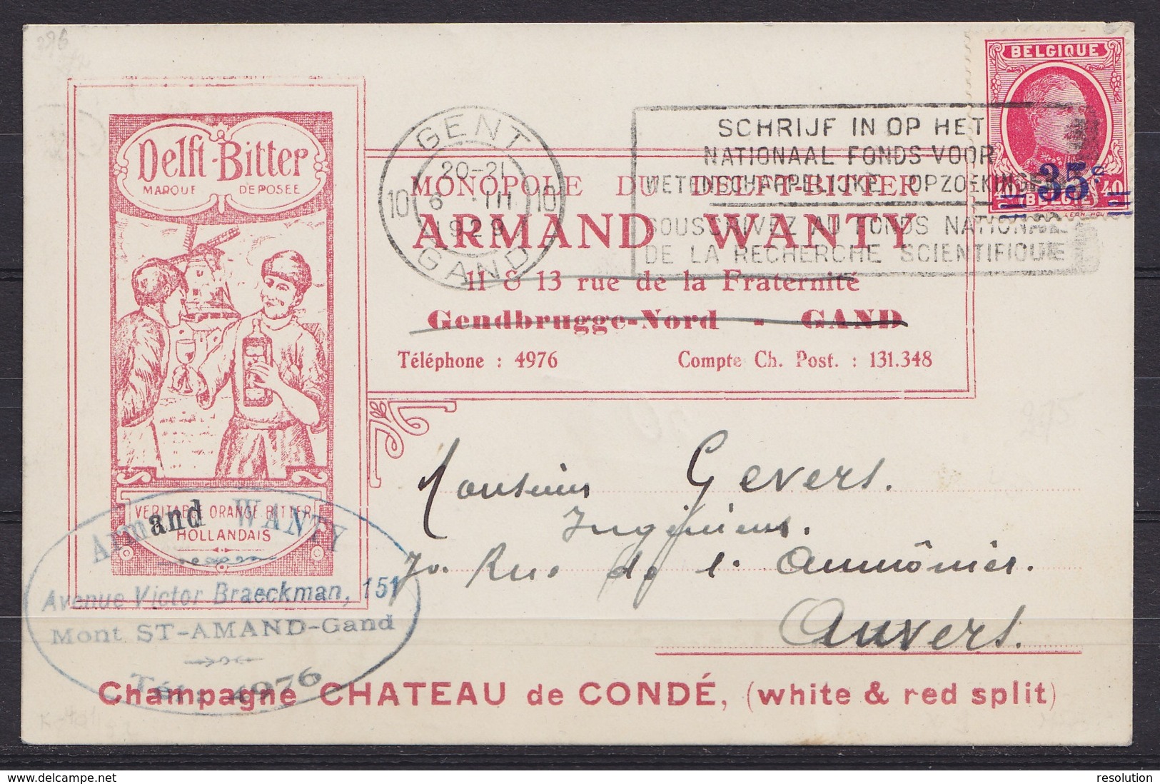 CP Pub "DELFT BITTER Armand Wanty Gentbrugge" Affr. N°247 Flam. "GENT 10/ 6 III 1929/ GAND" Pour ANVERS - 1922-1927 Houyoux