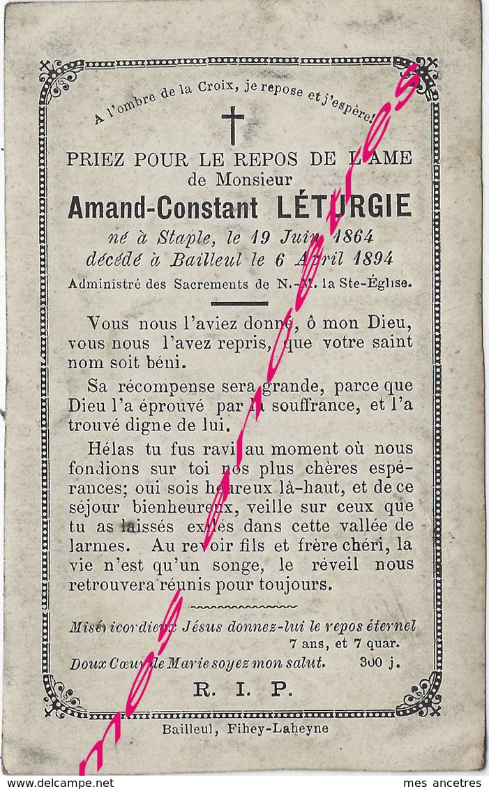 En 1894-Staple Et Bailleul (59) Amand LETURGIE - Décès