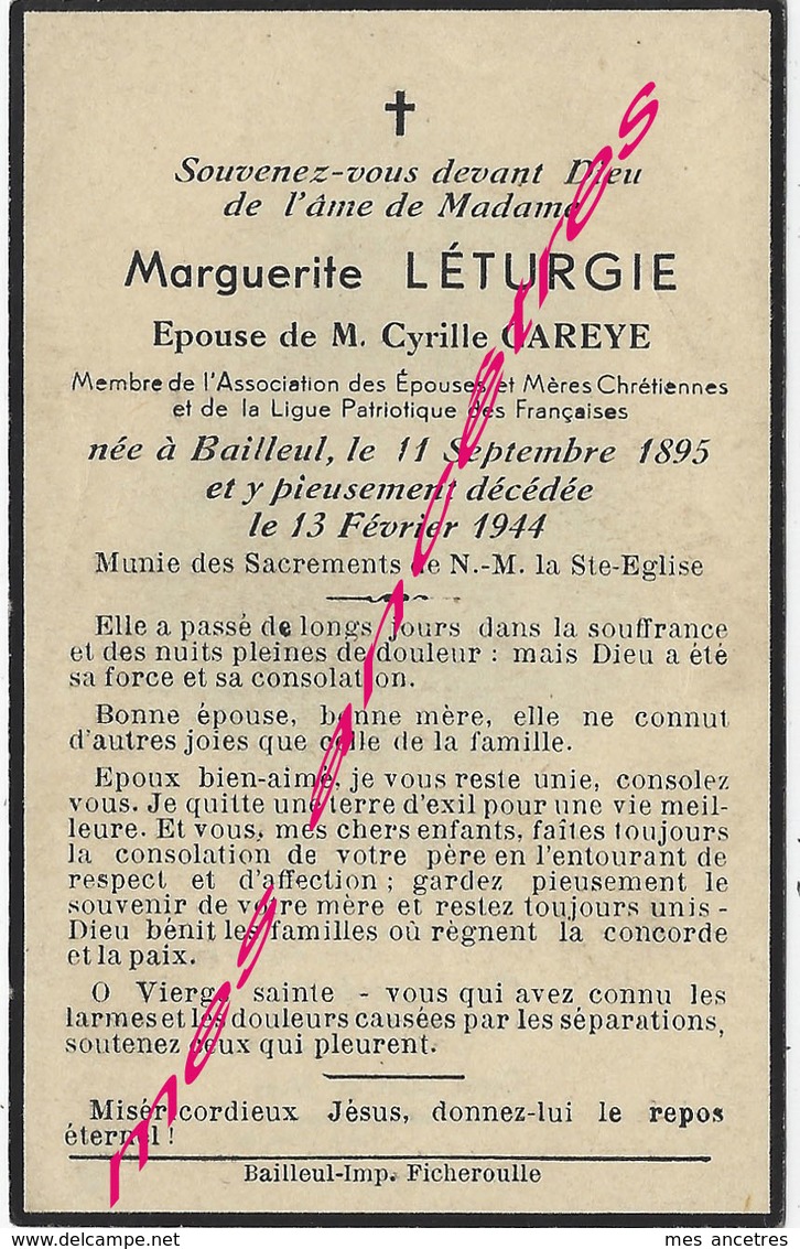 En 1944-Staple Et Bailleul (59) Marguerite LETURGIE Ep Cyrille CAREYE Association Des Epouses Et Mères Chrétiennes - Décès
