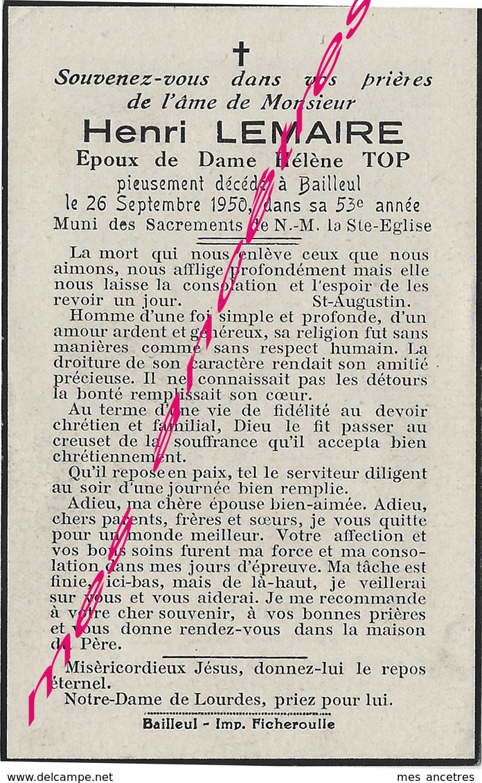 En 1950-Bailleul (59) Henri LEMAIRE Ep Hélène TOP 53 Ans - Décès