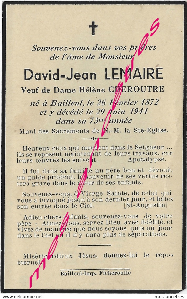 En 1944-Bailleul (59) David LEMAIRE Ep Hélène CHEROUTRE 73 Ans - Décès