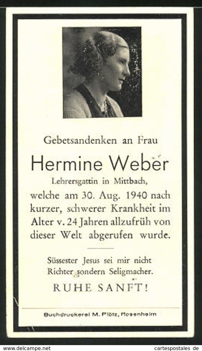 Sterbebild Hermine Weber Aus Mittbach, Gestorben 1940 - Dokumente