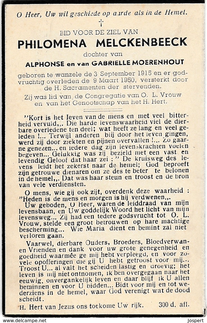 Wanzele, 1950, Philomena Melckenbeeck, Moerenhout - Images Religieuses