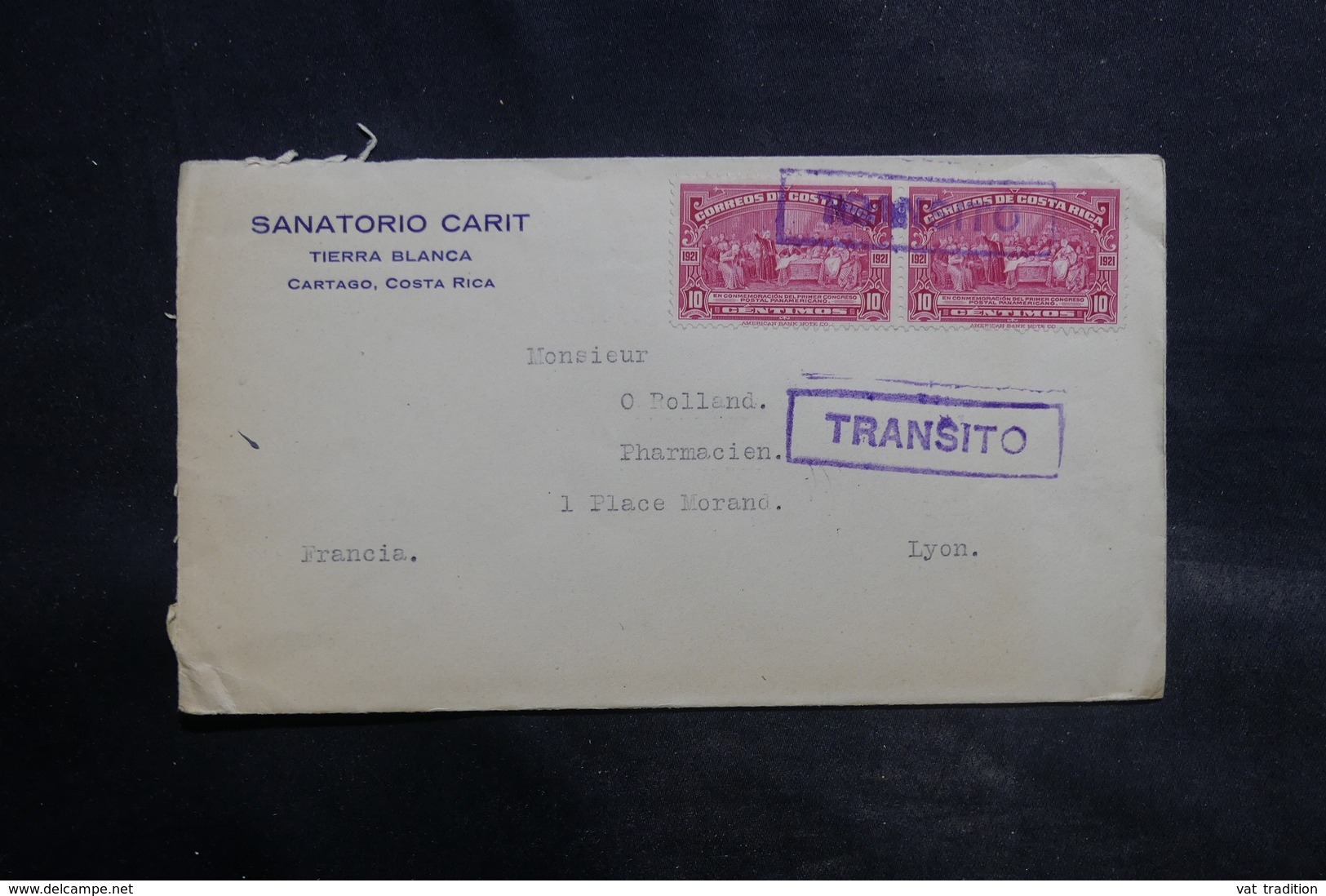 COSTA RICA - Enveloppe Commerciale De Cartago Pour La France En 1927 , Cachet " Transito " - L 34898 - Costa Rica