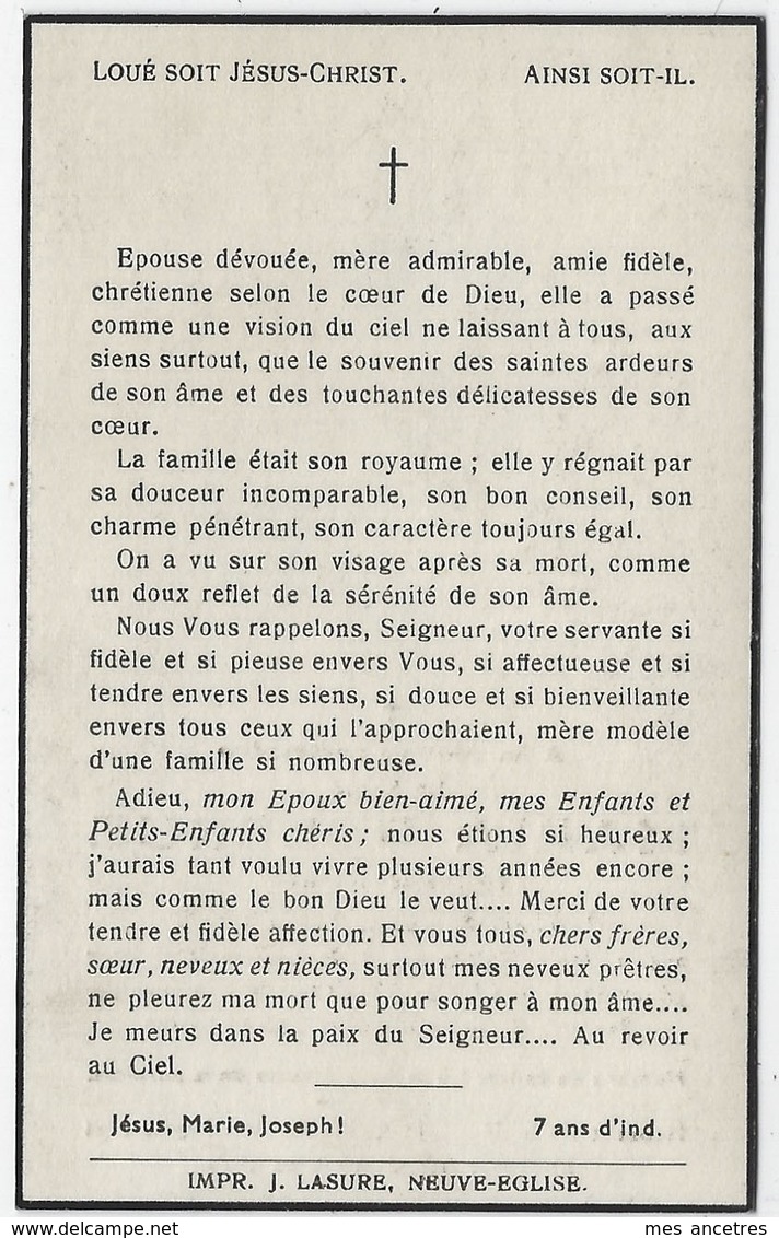 En 1943 Neuve Eglise (59) Marie DELERUE Ep Jules OLLIVIER Membre Oeuvres Paroissiales - Todesanzeige