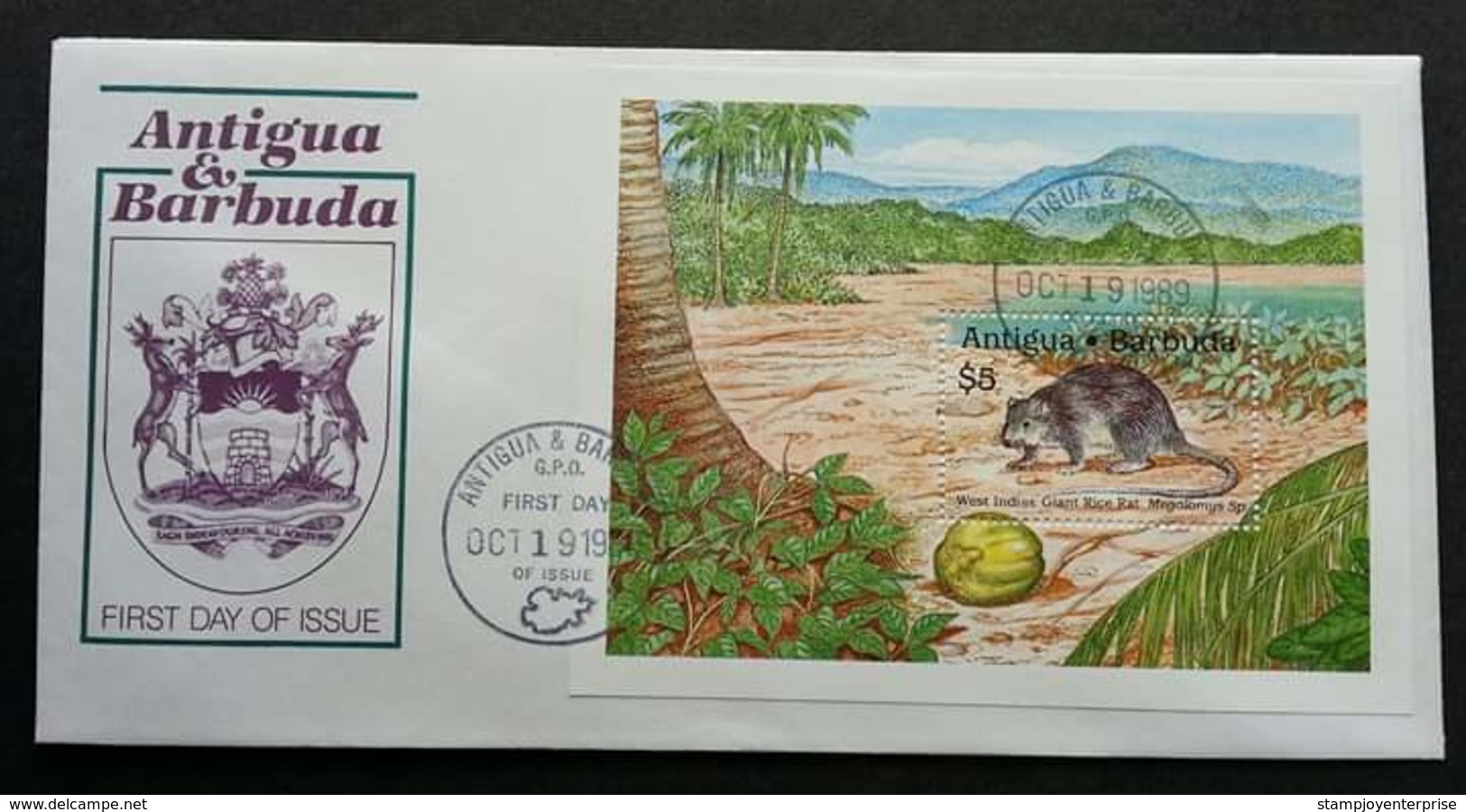 Antigua And Barbuda West Indies Giant Rice Rat 1989 Coconut Mouse (FDC) - Antigua And Barbuda (1981-...)