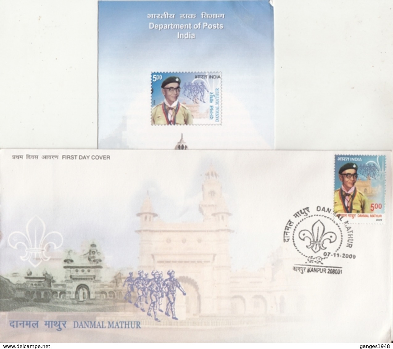 India 2009  Scouting  Danmal Mathur  First Indian SCout Master  FDC + Plain Info Brochure  #  18933 D Inde Indien - Covers & Documents