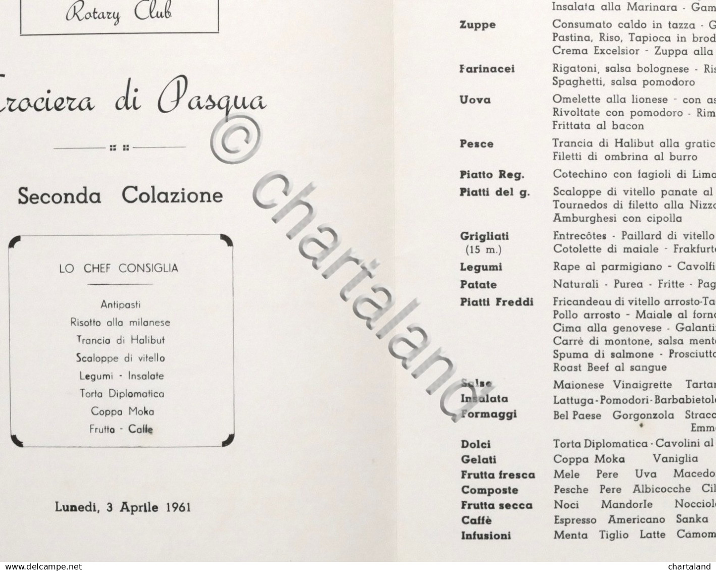 Menu Navi - Costa Crociere M/n Bianca C - 3 Aprile 1961 Seconda Colazione - Menu