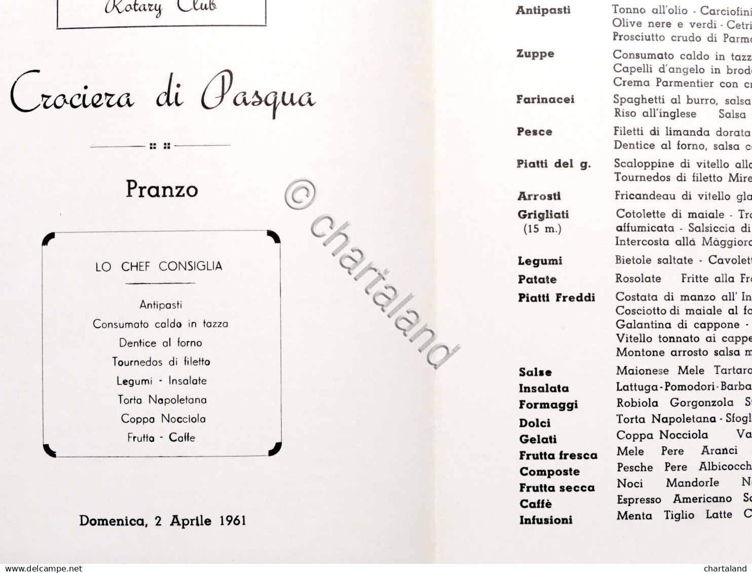 Collezionismo Menu Navi - Costa Crociere M/n Bianca C - 2 Aprile 1961 Pranzo - Menus