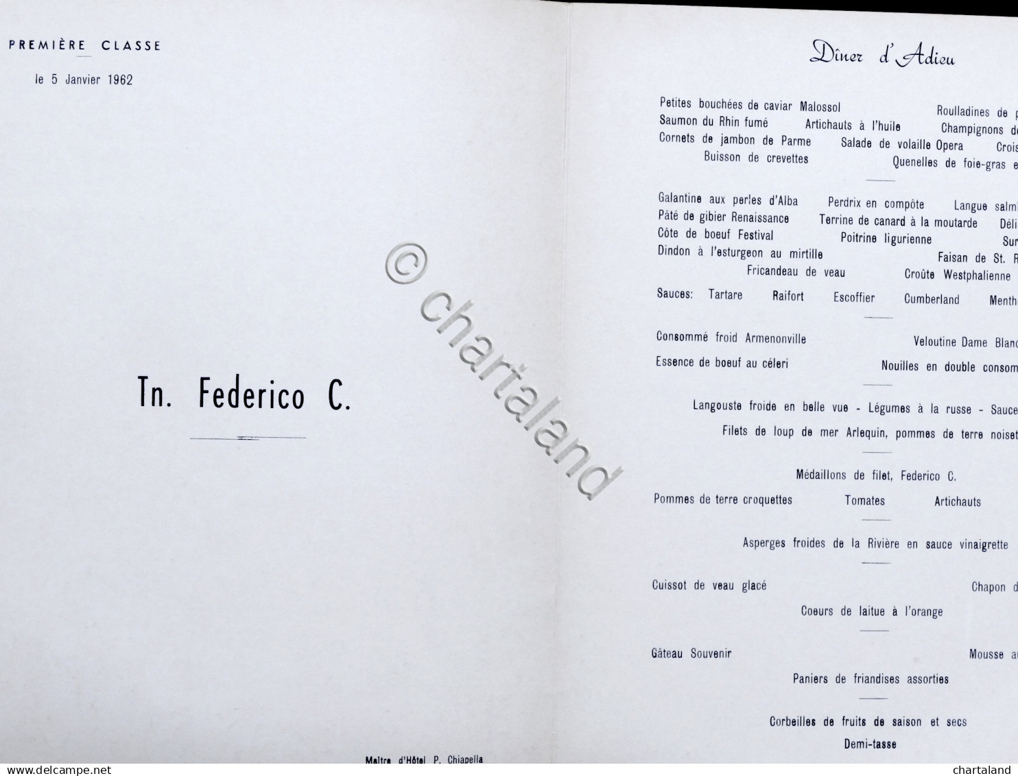 Collezionismo Menu Navi - Costa Crociere Tn. Federico C - 5 Gennaio 1962 - Menu