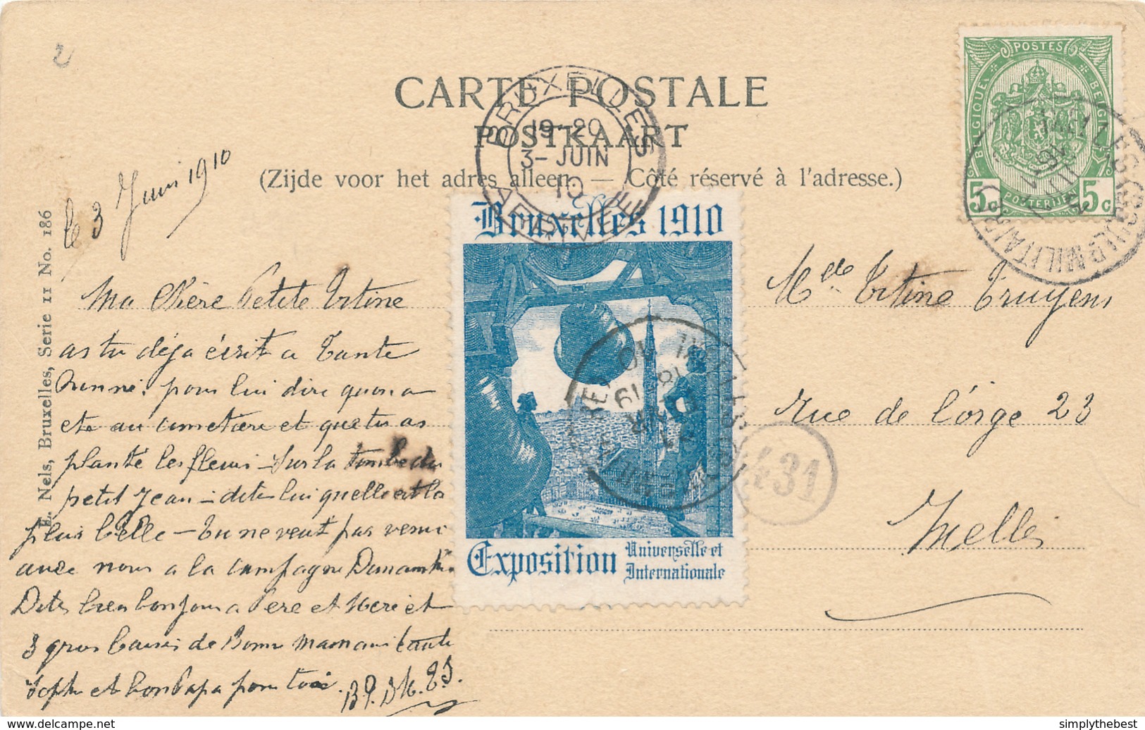 421/29 - Belgique Exposition Universelle BRUXELLES 1910 - TB Vignette Oblitérée Sur Carte-Vue TP Armoiries IXELLES - Altri & Non Classificati