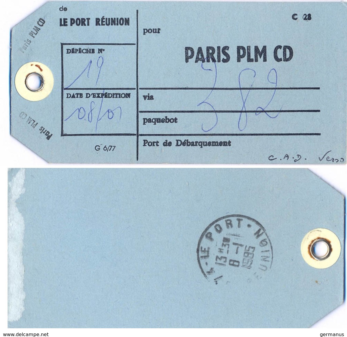 ETIQUETTE COLIS POSTAL PAR PAQUEBOT TàD 974- LE PORT - REUNION Du 8-1-1985 => PARIS GARE PLM CD - Documents De La Poste