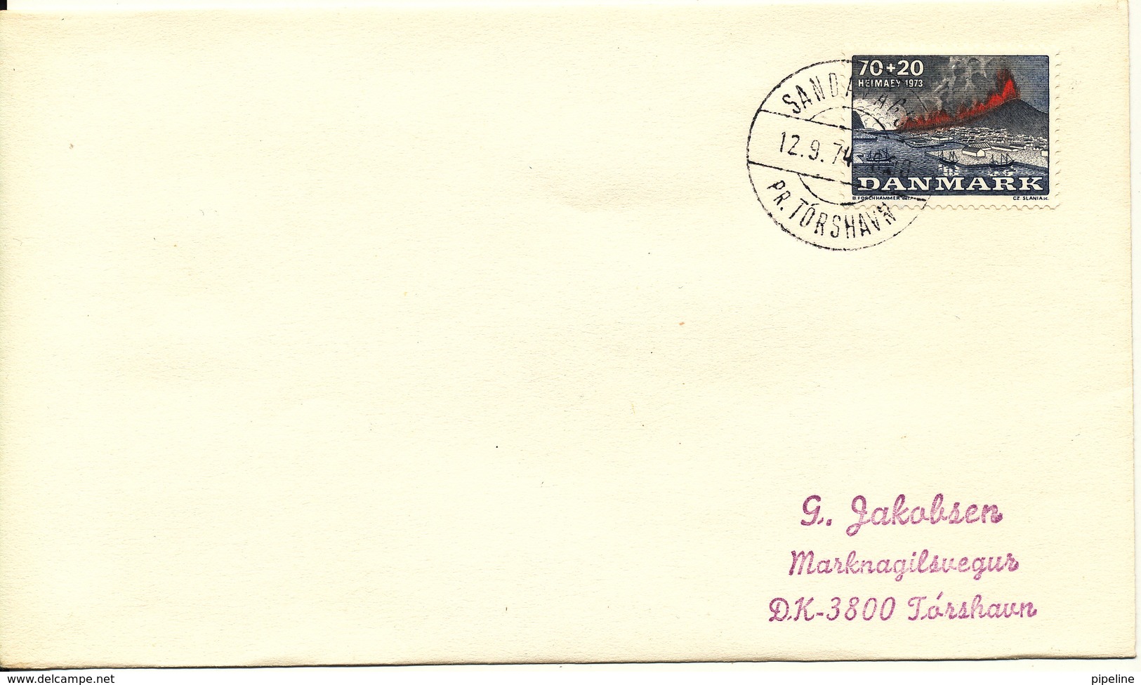 Faroe Islands Cover With Danish Stamp Sandavag Pr. Torshavn 12-9-1974 Sent To Torshavn - Faroe Islands