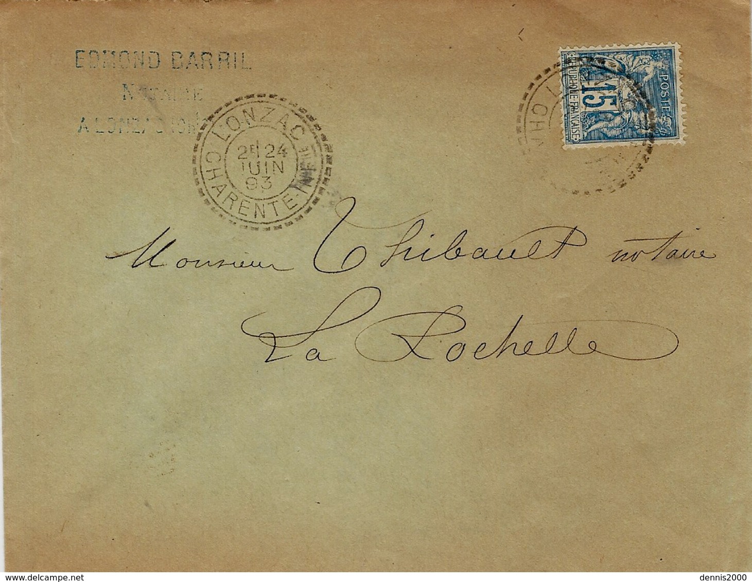 1893- Enveloppe Affr. 15 C Sage Oblit. Cad B De LONZAC ( Charente Maritime ) - 1877-1920: Periodo Semi Moderno