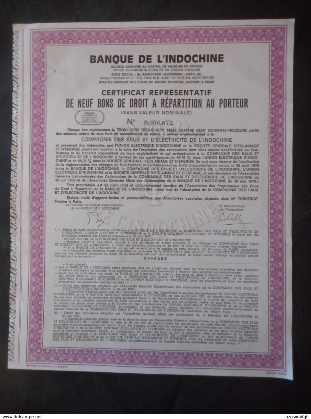 Banque De L'INDOCHINE Bons De Repartition EAUX Et ELECTRICITE De L'INDOCHINE - Asien