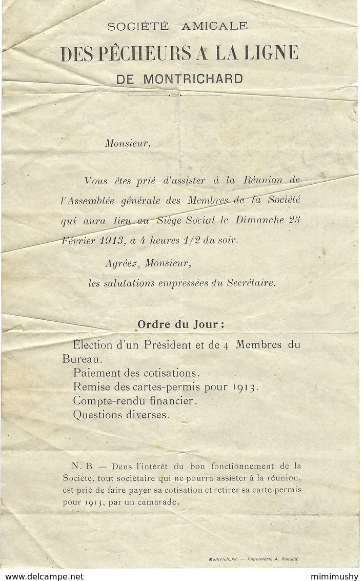 Lettre De La Société Amicale Des Pêcheurs à La Ligne De Montrichard Pour Assemblée Générale Permis De Pêche 1913 - Non Classés