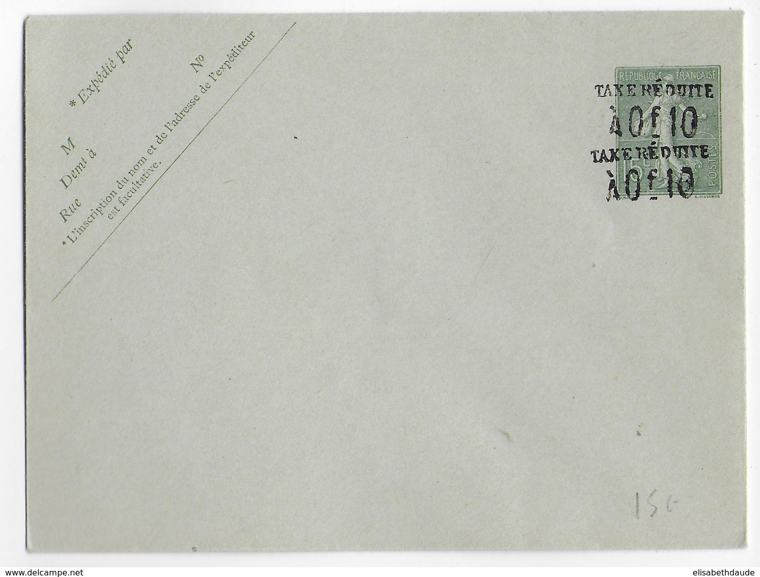 1906 - TYPE SEMEUSE - ENVELOPPE ENTIER NEUVE 123X96 AVEC VARIETE DOUBLE SURCHARGE - STORCH B12 - DATE 507 - Enveloppes Types Et TSC (avant 1995)