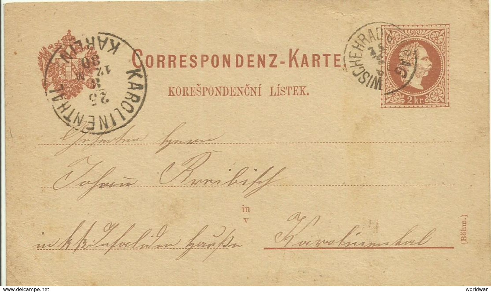 1880 Correspondenz-Karte (Böhm) Von Wischenrad (Vysehrad) Nach Karolinenthal (Karlin)  2 Akzente - Autres & Non Classés