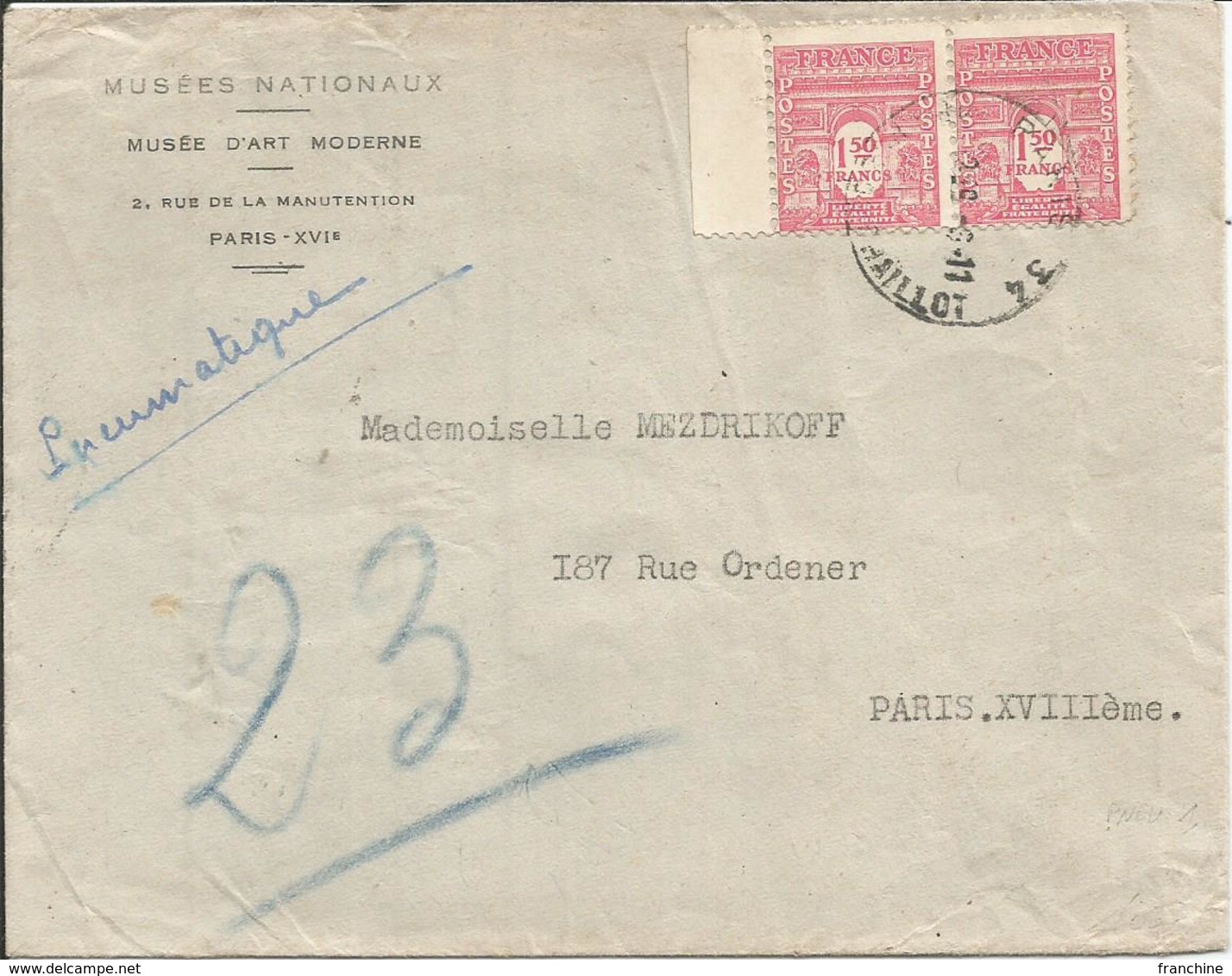 1944 - N° 625 (x2)  Sur Belle Lettre PNEUMATIQUE - PARIS 34 - Lettres & Documents