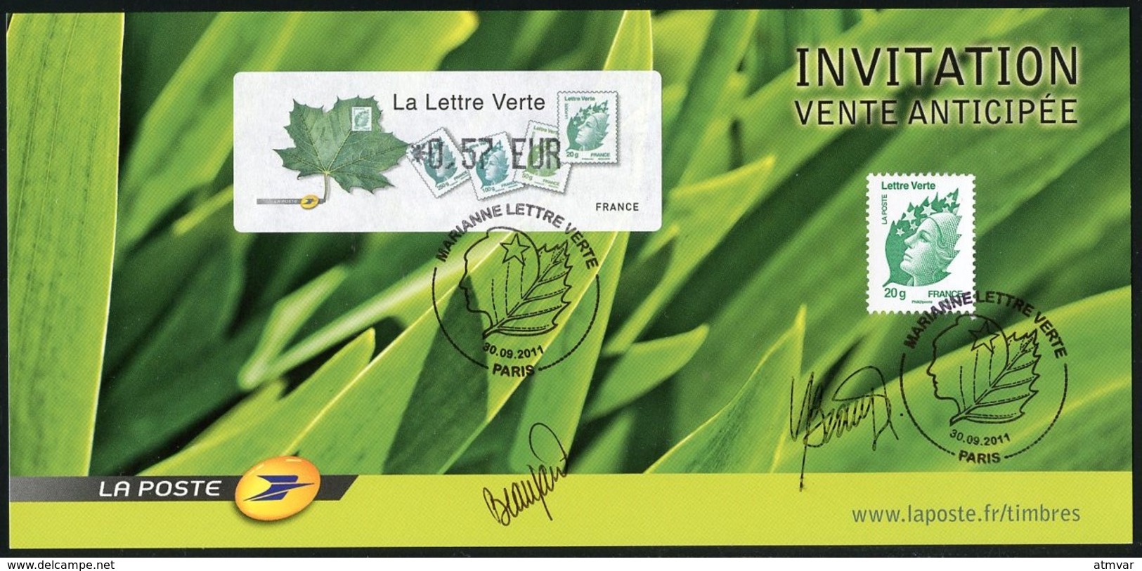 FRANCE (2011) - Carte Maximum Card - ATM LISA + Timbre - Marianne La Lettre Verte - Invitation Signée, Vente Anticipée - 2010-... Illustrated Franking Labels