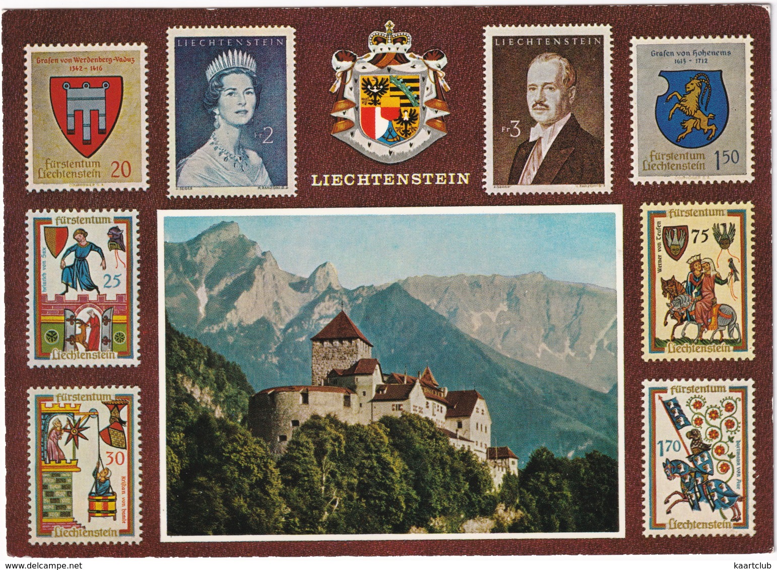 Liechtenstein - 8 Briefmarken, Fürst Franz Josef II & Fürstin Gina - Schloss Vaduz, Staatswappen - Postzegels (afbeeldingen)