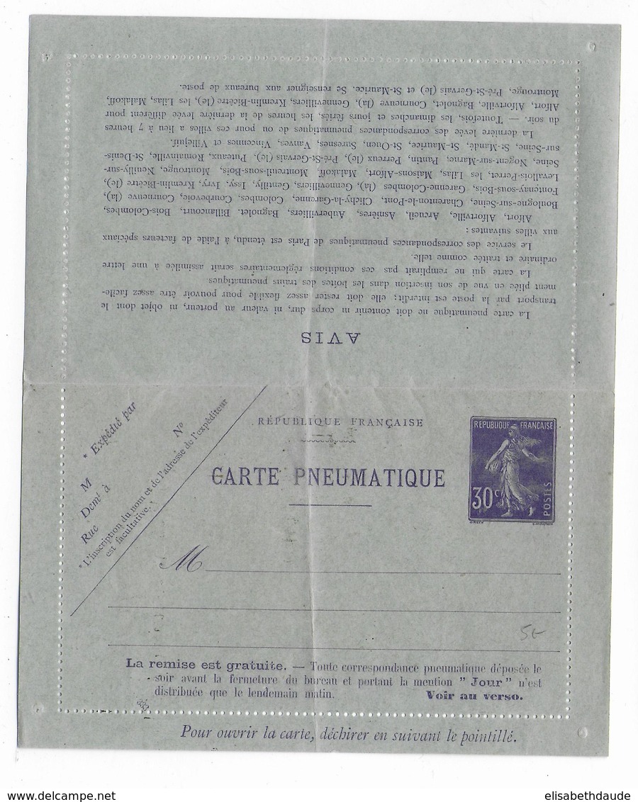 1911 - TYPE SEMEUSE - CARTE-LETTRE PNEUMATIQUE ENTIER NEUVE - STORCH K5 - DATE 333 OBLIQUE - COTE = 60 EUR - Pneumatische Post