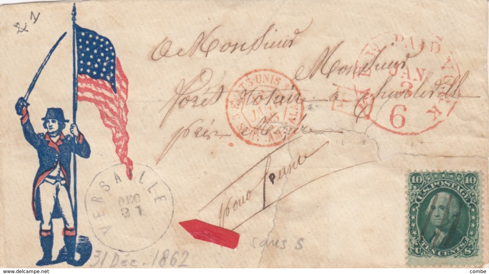 PATRIOTIC LETTER FRONT. VERSAILLE(S) 31 DEC 1864. NEW-YORK 3 JAN 1865. EATS-UNIS 3 SERV.AM. CALAIS. 16 TO FRANCE / 7063 - Lettres & Documents