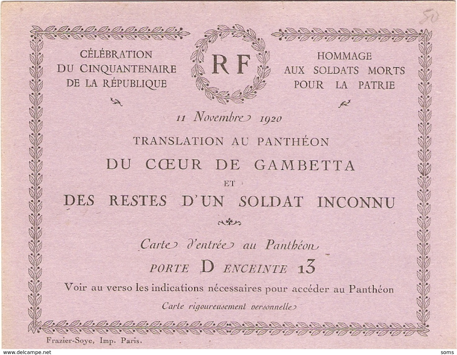 Carte D'entrée Au Panthéon Pour La Translation Du Coeur De Gambetta Et Des Restes D'un Soldat Inconnu, 11 Novembre 1920 - Documentos Históricos