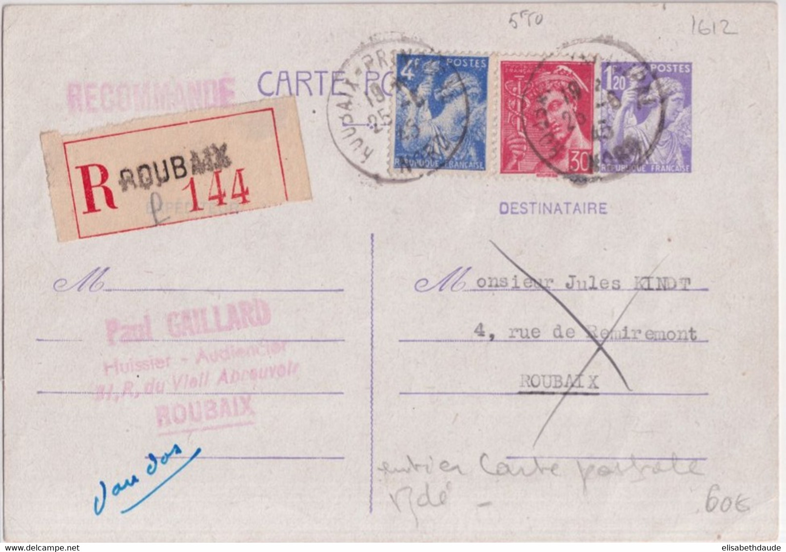 1945 - TYPE IRIS + MERCURE - CARTE ENTIER RECOMMANDEE !! De ROUBAIX (NORD) - 1939-44 Iris