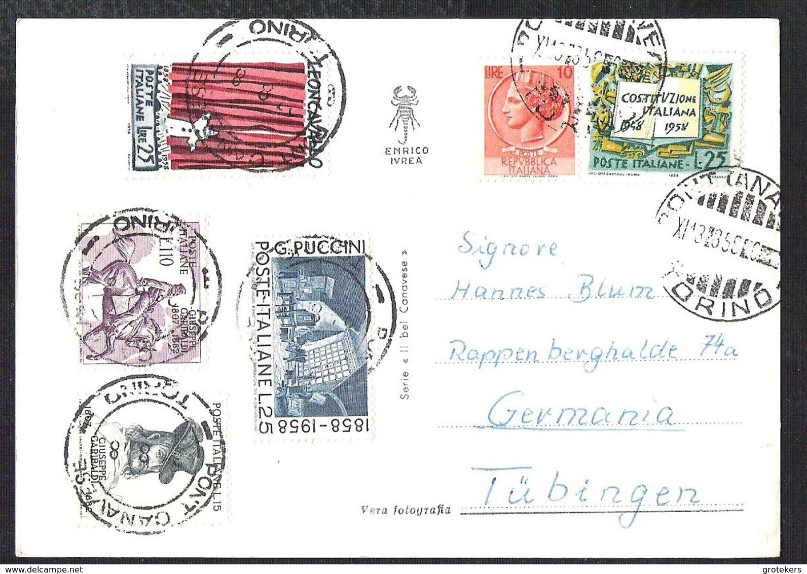 PONT CANAVESE Postcard  Veduta Generale With 6 Stamps Sent 1959 To Germany - 1946-60: Marcophilia