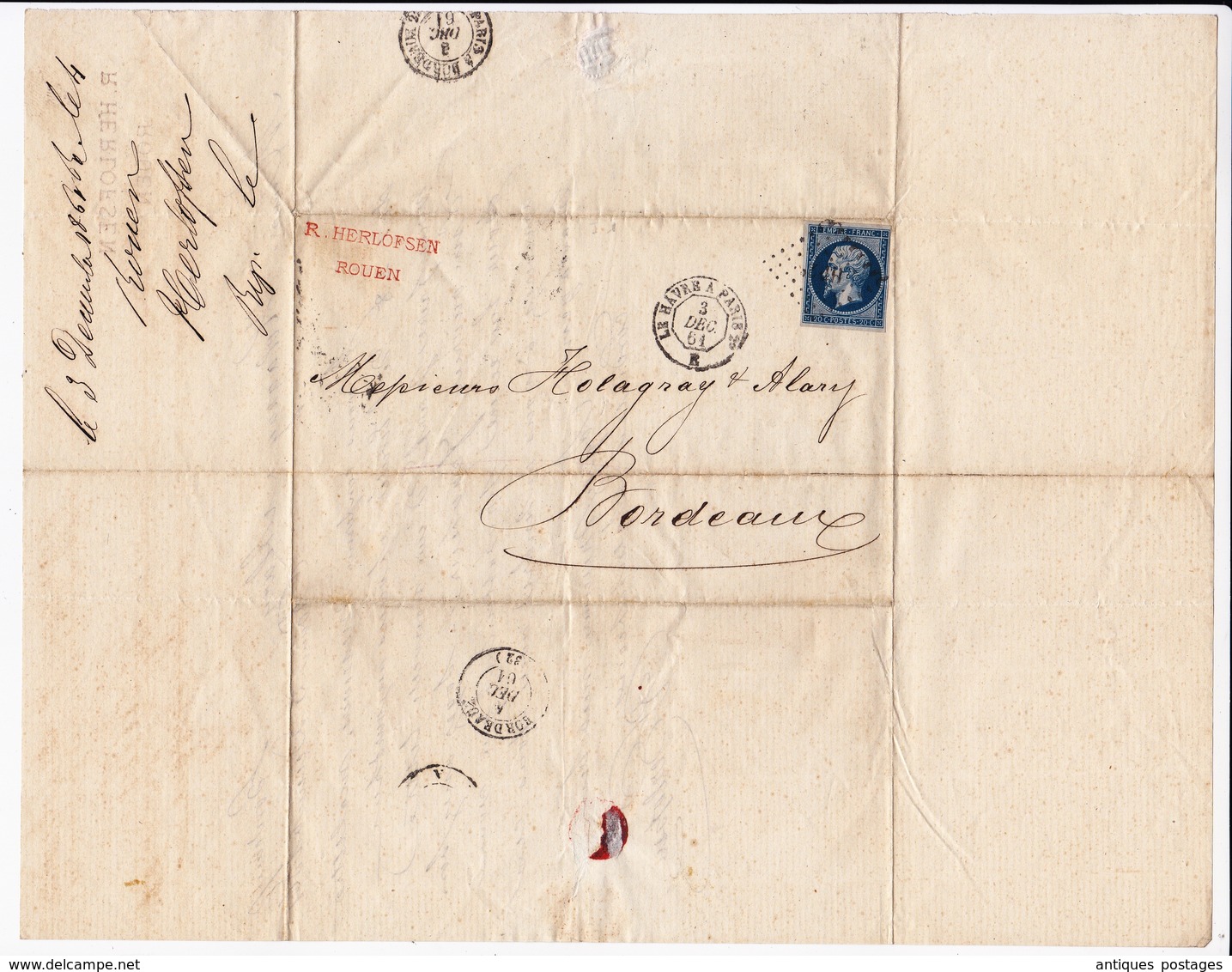 Lettre 1861 Rouen Seine Maritime Rasmus Herlofsen Vice Consul Svenk-Norsk Konsul Cachet Ambulant Le Havre à Paris - 1853-1860 Napoleon III