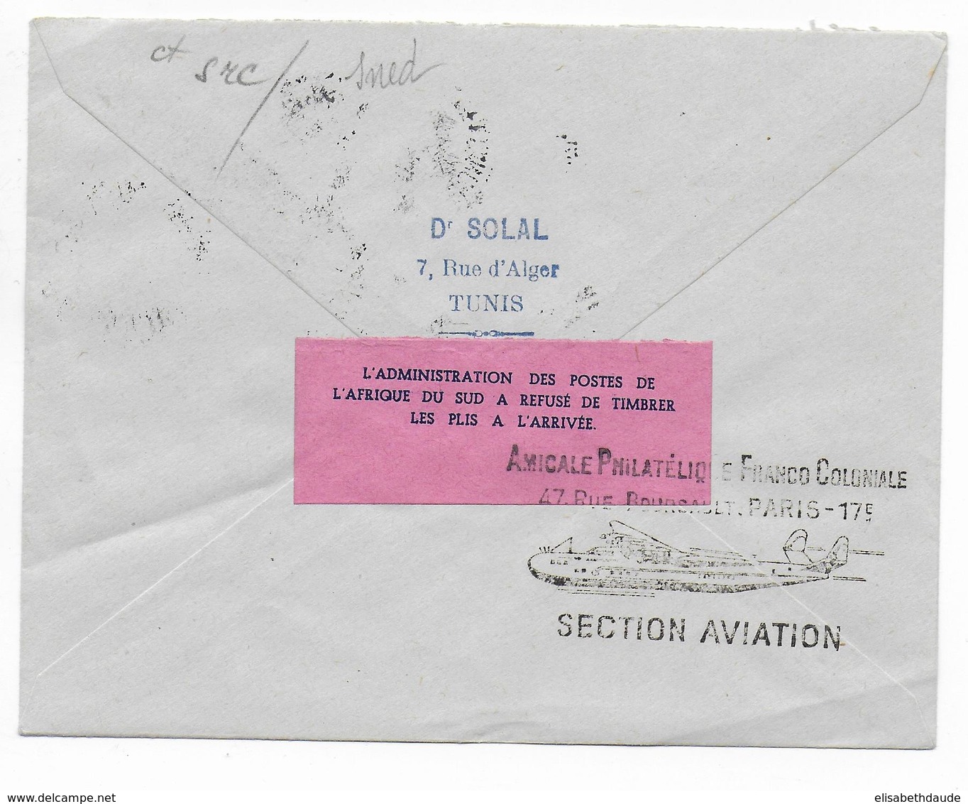 1948 - POSTE AERIENNE - TUNISIE - ENVELOPPE RECOMMANDEE VOL SPECIAL KLM AMSTERDAM - TUNIS - JOHANNESBURG - Brieven En Documenten