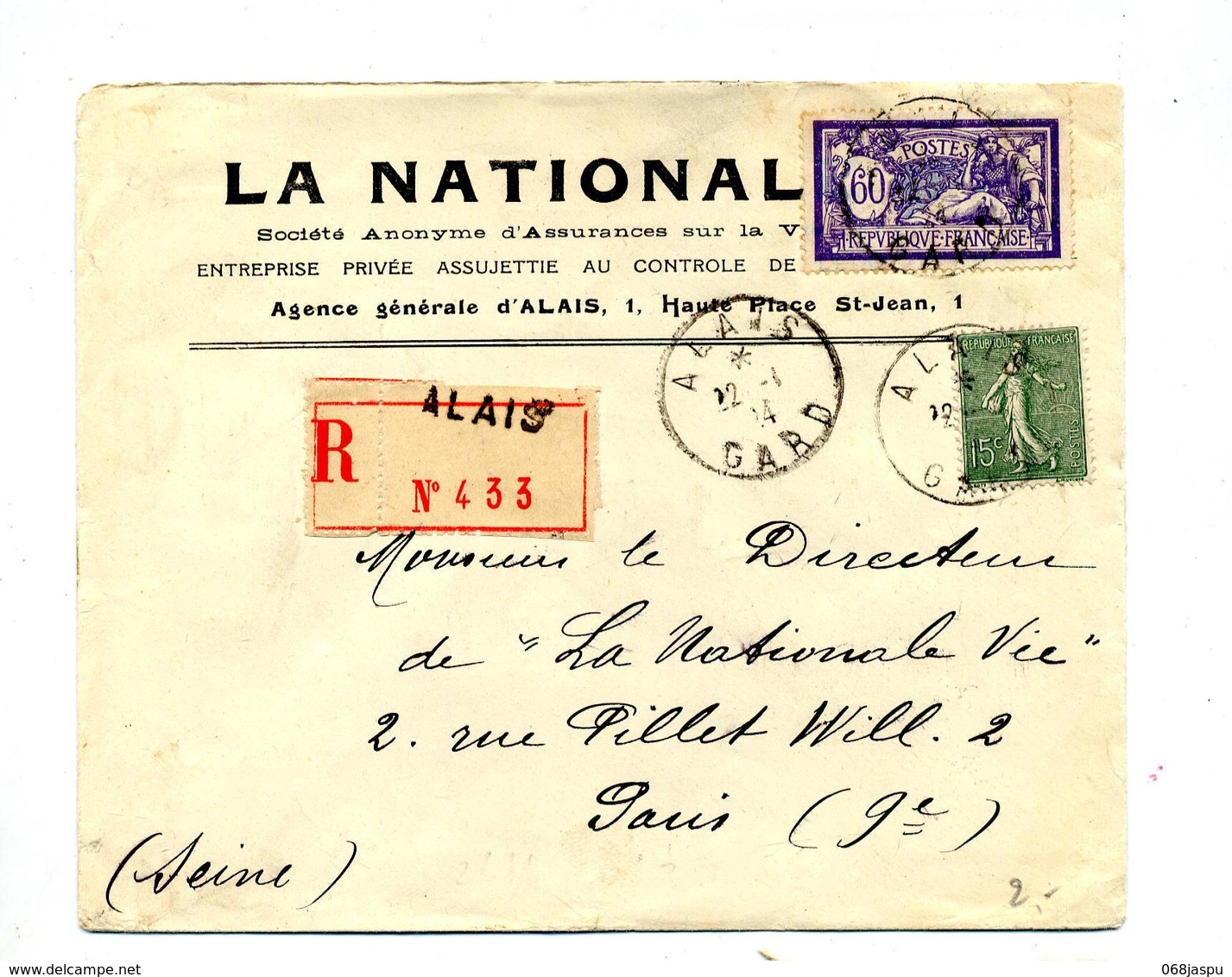 Lettre Recommandée Alais Sur Merson Semeuse - Manual Postmarks