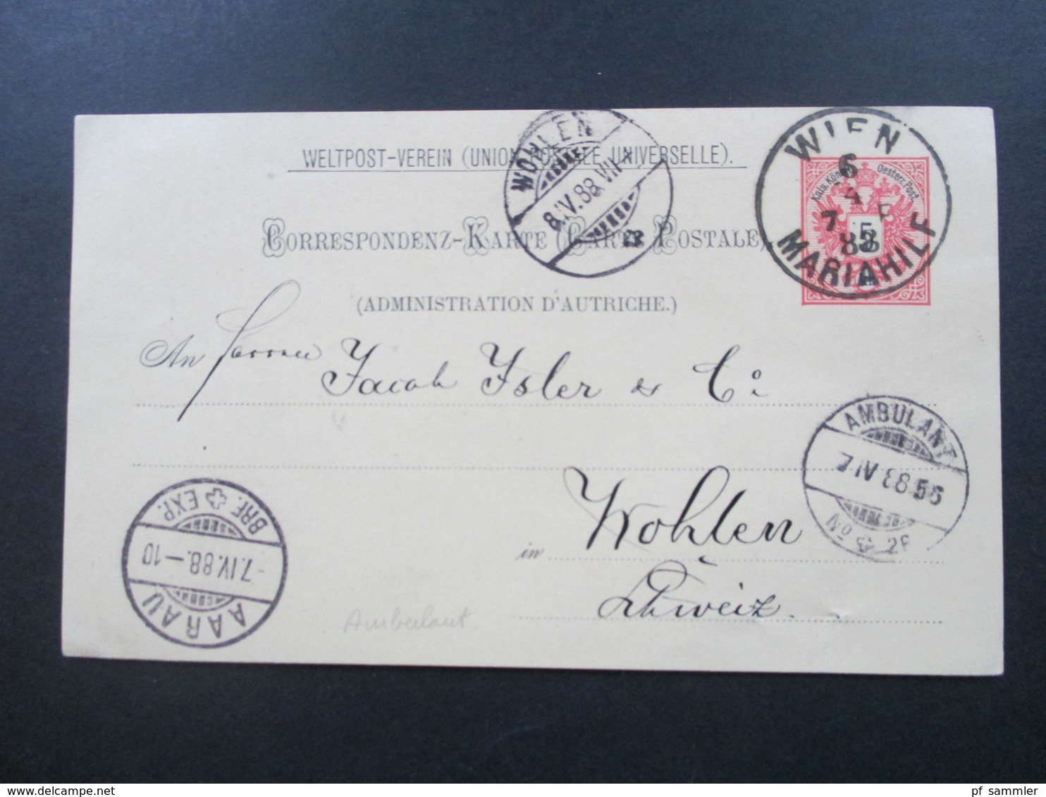 Österreich 1888 GA Weltpost Verein P 51 Stempel K1 Wien Mariahilf - In Die Schweiz. Bahnpost / Ambulant Stempel Aarau - Briefe U. Dokumente