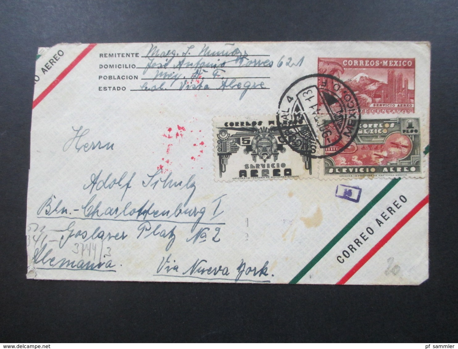 Mexiko 1941 GA Umschlag Mit 2 Zusatzfrankaturen Luftpost Nach Berlin Mit Mehrfachzensur Der Wehrmacht OKW - Mexique
