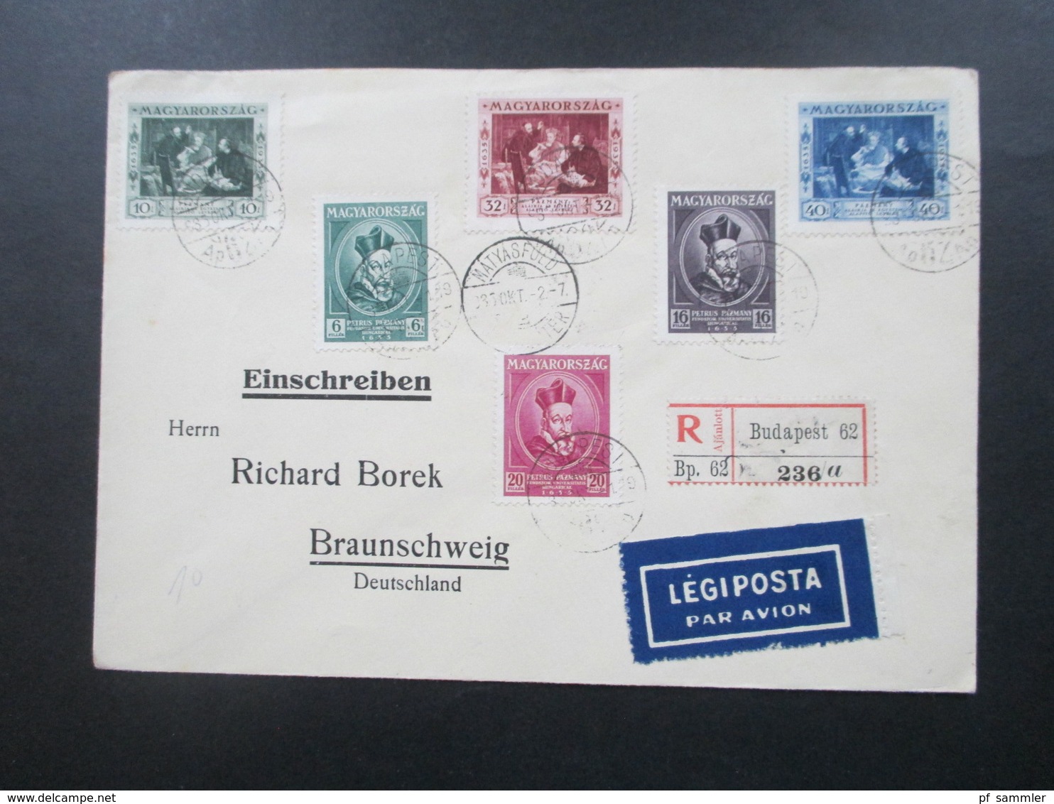 Ungarn 1935 Nr. 522 - 527 Satzbrief Einschreiben Budapest 62 Luftpostbrief An Richard Borek In Braunschweig Mit Ak Stemp - Covers & Documents