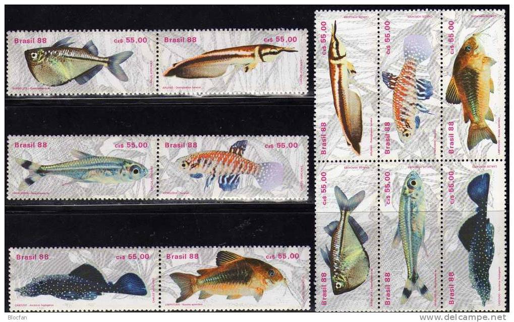 Wels Naturschutz 1988 Fische Brasilien 2276/1,3 ZD+6-Block ** 8€ Gabelbart Neon Kärpfling Glanzwels Fish Set Brazil - Other & Unclassified