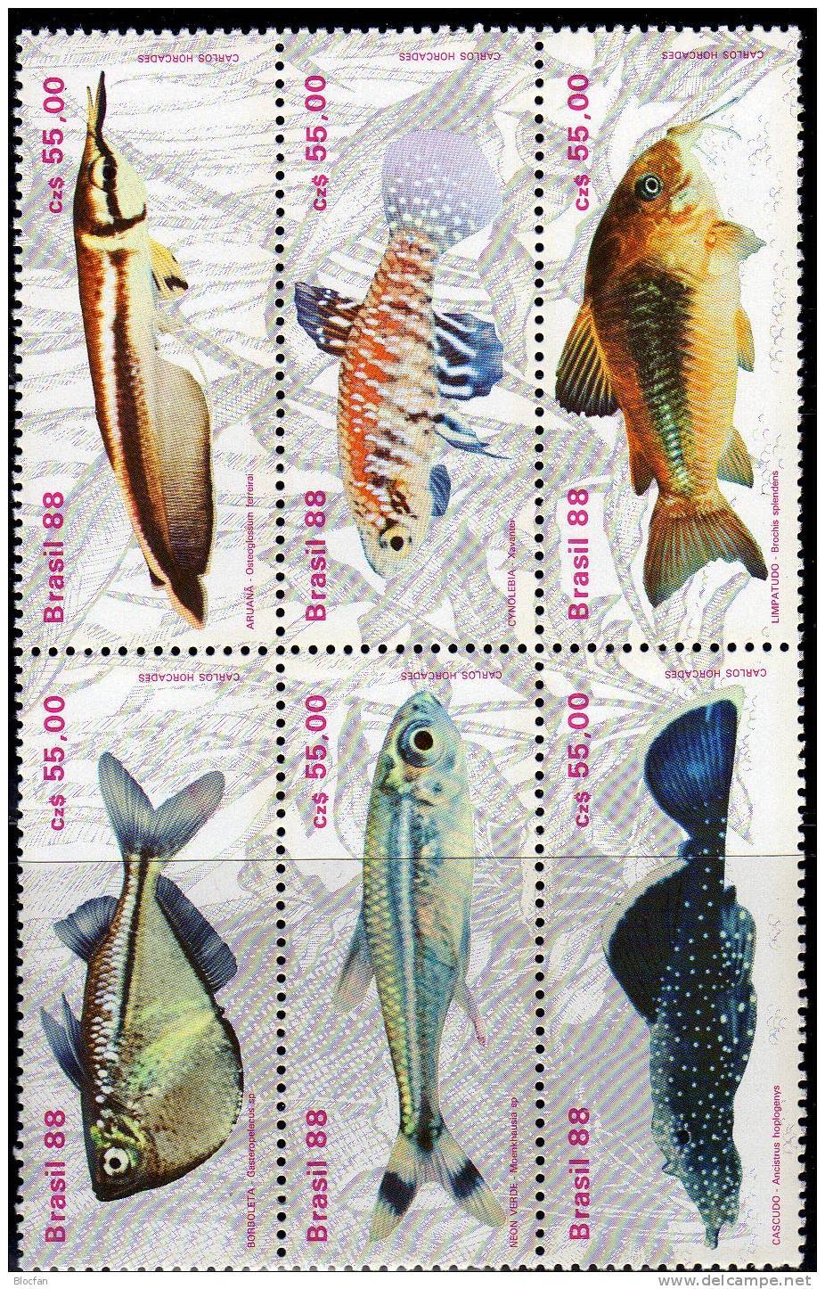 Wels Naturschutz 1988 Fische Brasilien 2276/1,3 ZD+6-Block ** 8€ Gabelbart Neon Kärpfling Glanzwels Fish Set Brazil - Other & Unclassified