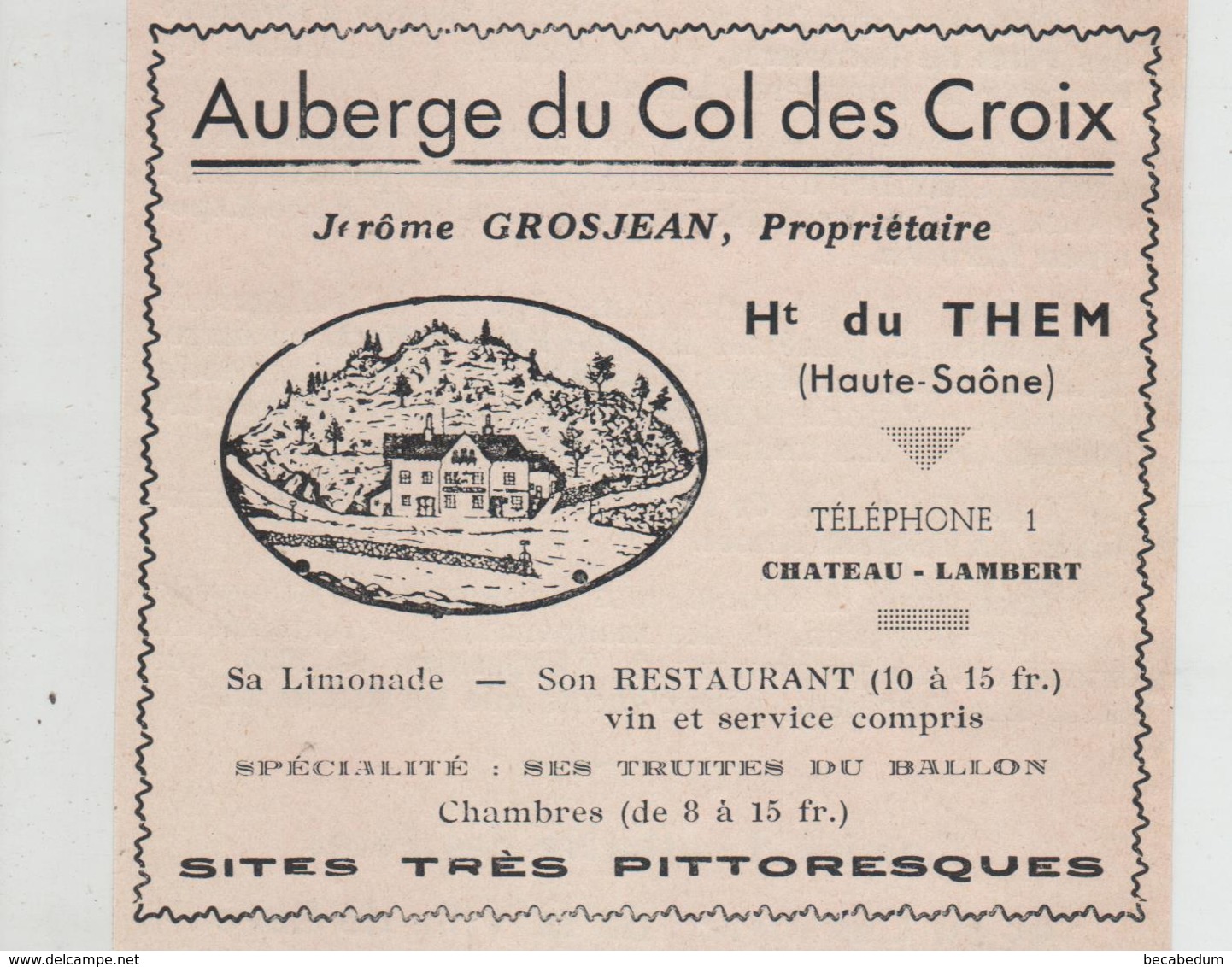 Publicité 1937  Auberge Du Col Des Croix Grosjean Ht Du Them Restaurant Limonade - Publicités