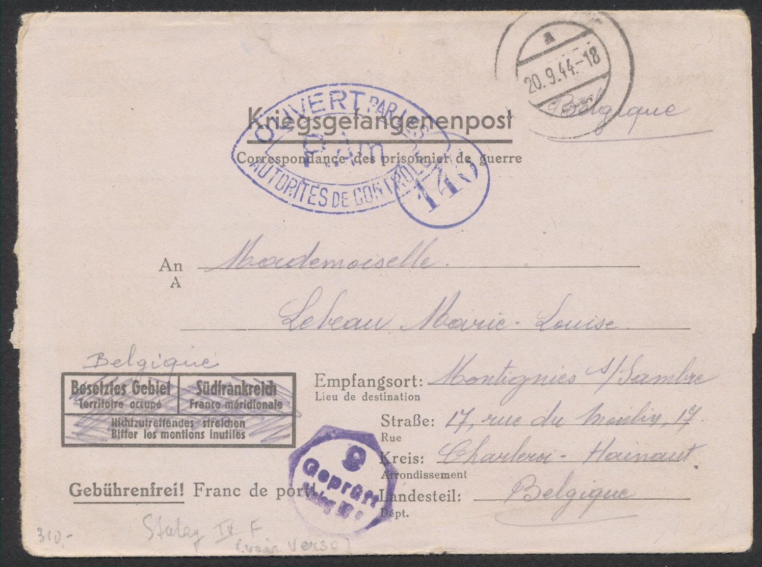 Guerre 40-45 - Lettre "Kriegsgefangenenpost" Expédié Du Stalag IV F (1944) Vers Montignies Sur Sambre / Censure De Contr - Guerra 40 – 45 (Cartas & Documentos)