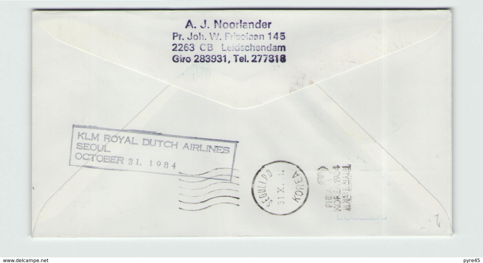 Pays-Bas Enveloppe Commémorative Premier Vol Amsterdam-Seoul Du 30 Octobre 1984 - Postal History
