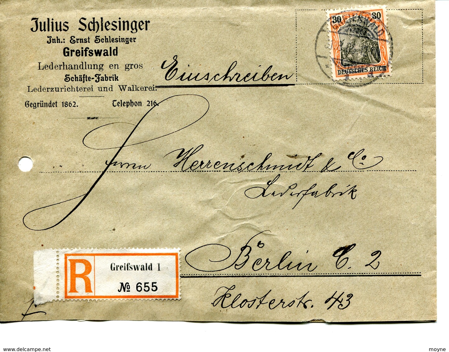 49   Allemagne - GREIFSWALD  - NEUSTADT   à BERLIN De  Julius SCHLESINGER - ENVELOPPE RECOMMANDEE - -1906 1 TIMBRES - Covers & Documents