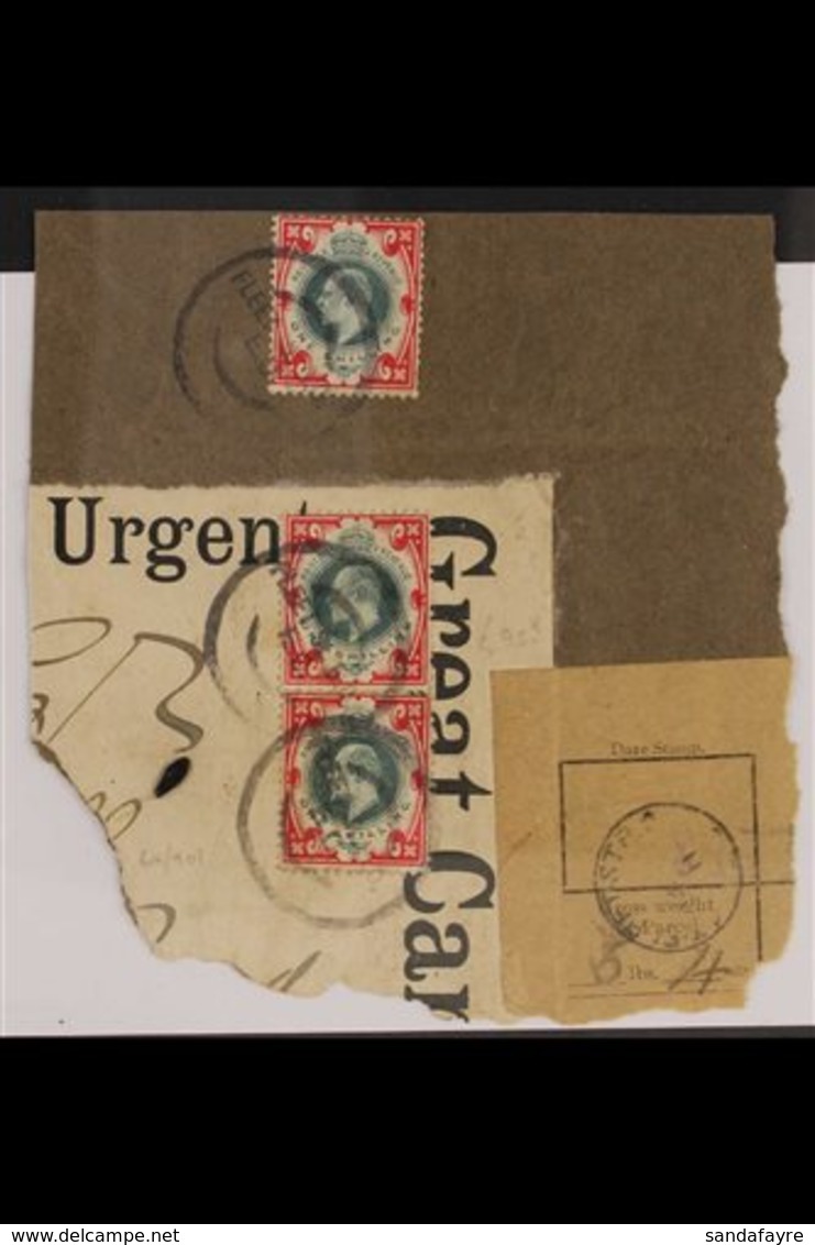 RAILWAYS Great Britain 1911, KEVII 1s Dull Green And Carmine X 3 Examples Tied To Large Fragment Of Railway Parcel Label - Unclassified