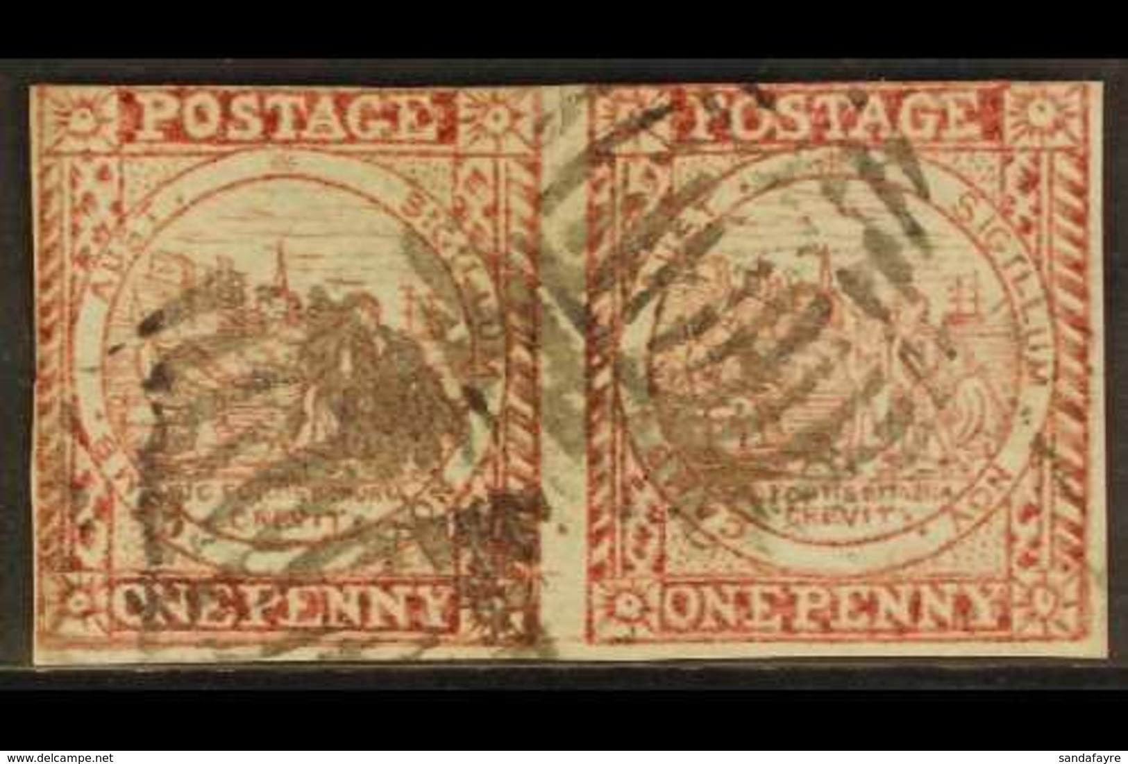 NEW SOUTH WALES 1850 1d Crimson-lake Sydney View Plate II, SG 9, Horizontal Pair With Clear To Good Margins, Barred Canc - Other & Unclassified